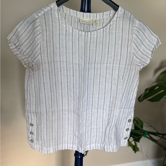 Cynthia Rowley Striped White Top with Side Button Detail & Gold Accent threading - Picture 1 of 8
